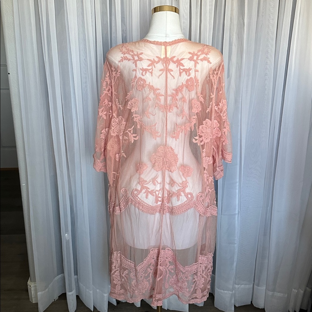 Sheer Embroidered Kimono Robe - Pink